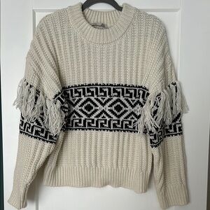 Cream and Black Patterned Sweater with Fringe Sleeves